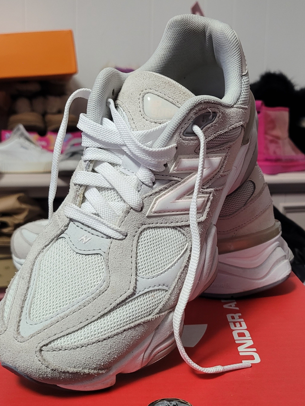 New Balance Women's White and Light Gray Chunky Mesh Suede Sneakers